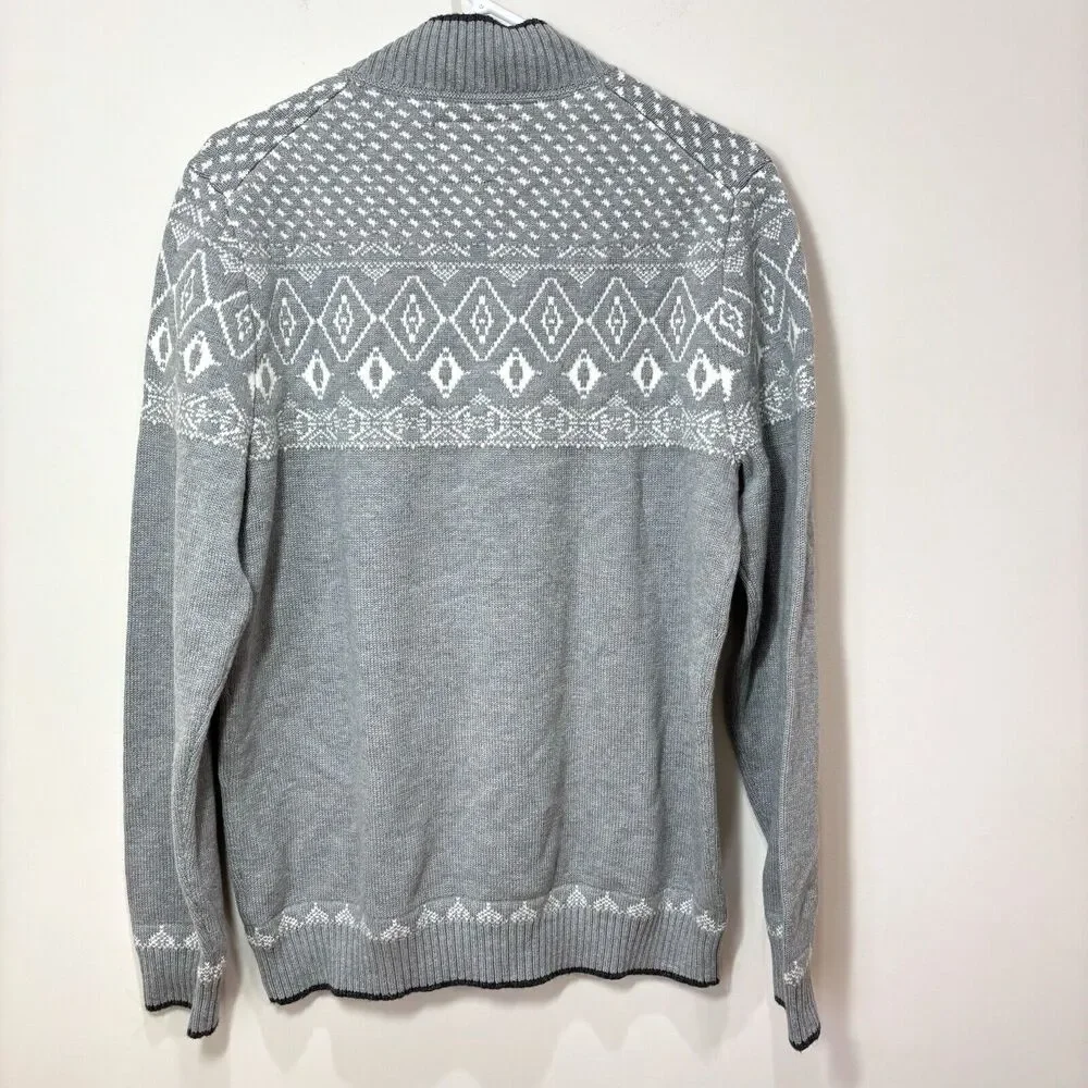 Jos A Bank 1905 Tailored Fit Chunky Knit Henley Sweater Men L Gray Fair Isle
